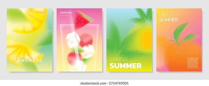 Abstractas conjunto de fondo de tarjeta de fruta de gradiente colorido. Cartel minimalista con limón. Diseño moderno del verano y del Fondo de pantalla de la primavera para el menú de la bebida, promoción, bebidas, anuncios.