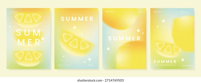 Abstractas conjunto de fondo de tarjeta de fruta de gradiente colorido. Cartel minimalista con limón. Diseño moderno del verano y del Fondo de pantalla de la primavera para el menú de la bebida, promoción, bebidas, anuncios.