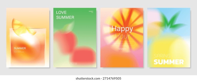 Abstractas conjunto de fondo de tarjeta de fruta de gradiente colorido. Cartel minimalista con limón. Diseño moderno del verano y del Fondo de pantalla de la primavera para el menú de la bebida, promoción, bebidas, anuncios.