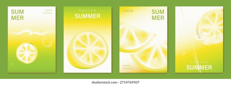 Abstractas conjunto de fondo de tarjeta de fruta de gradiente colorido. Cartel minimalista con limón. Diseño moderno del verano y del Fondo de pantalla de la primavera para el menú de la bebida, promoción, bebidas, anuncios.