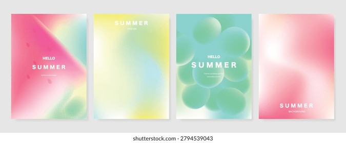 Abstract colorful gradient fruit card background set. Minimalist poster with watermelon, orange, lemon. Modern summer and spring wallpaper design for drink menu, promotion, beverages, ads.