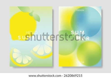 Abstract colorful gradient fruit card background set. Minimalist poster with lemon. Modern summer and spring wallpaper design for drink menu, promotion, beverages, ads.