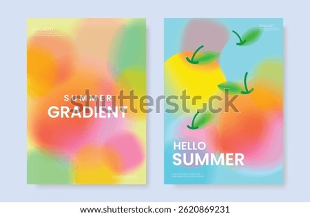 Abstract colorful gradient fruit card background set. Minimalist poster with apple. Modern summer and spring wallpaper design for drink menu, promotion, beverages, ads.