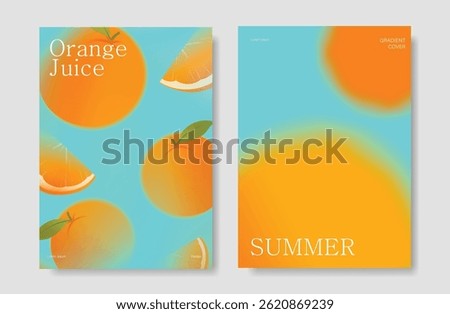 Abstract colorful gradient fruit card background set. Minimalist poster with oranges. Modern summer and spring wallpaper design for drink menu, promotion, beverages, ads.