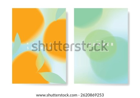 Abstract colorful gradient fruit card background set. Minimalist poster with oranges. Modern summer and spring wallpaper design for drink menu, promotion, beverages, ads.