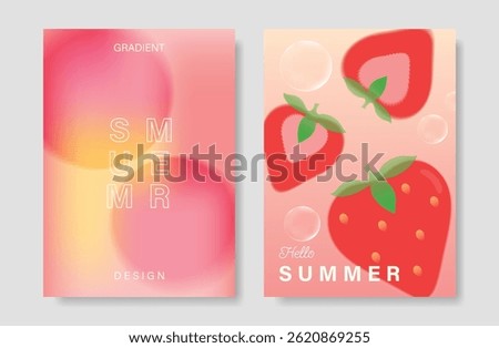 Abstract colorful gradient fruit card background set. Minimalist poster with strawberry. Modern summer and spring wallpaper design for drink menu, promotion, beverages, ads.