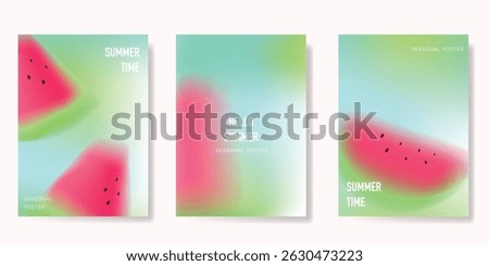 Abstract colorful gradient fruit card background set. Minimalist poster with watermelon slice. Modern summer and spring wallpaper design for drink menu, promotion, beverages, ads.