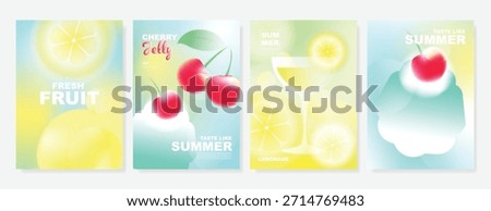 Abstract colorful gradient fruit card background set. Minimalist poster with lemon. Modern summer and spring wallpaper design for drink menu, promotion, beverages, ads.
