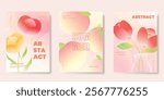 Abstract colorful gradient fruit and flower card background set. Minimalist poster with tulip flower, peach. Modern summer and spring wallpaper design for home decoration, website, banner, ads.