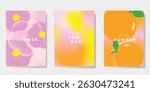 Abstract colorful gradient fruit and flower card background set. Minimalist poster with flower, orange. Modern summer and spring wallpaper design for home decoration, website, banner, ads.