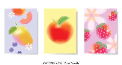 Abstract colorful gradient fruit and flower card background set. Minimalist poster with flower, mango, strawberry, apple. Modern summer and spring wallpaper design for home decoration, banner, ads.