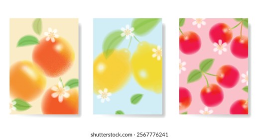 Abstract colorful gradient fruit and flower card background set. Minimalist poster with flower, lemon, cherry, orange. Modern summer and spring wallpaper design for home decoration, banner, ads.