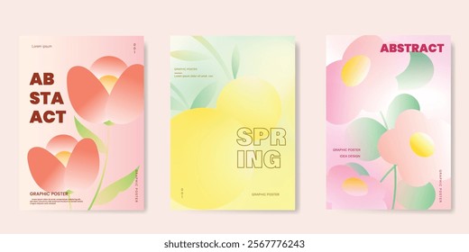 Abstract colorful gradient fruit and flower card background set. Minimalist poster with tulip flower, orange. Modern summer and spring wallpaper design for home decoration, website, banner, ads.