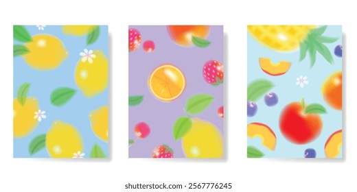 Abstract colorful gradient fruit and flower card background set. Minimalist poster with flower, lemon, strawberry, apple. Modern summer and spring wallpaper design for home decoration, banner, ads.