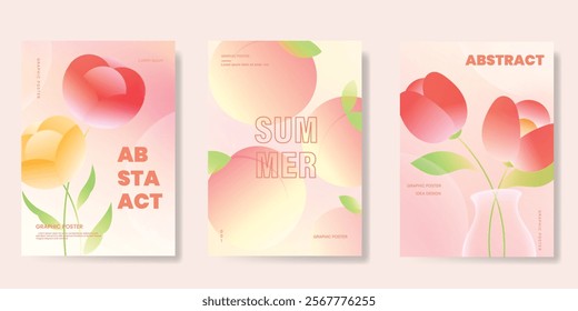 Abstract colorful gradient fruit and flower card background set. Minimalist poster with tulip flower, peach. Modern summer and spring wallpaper design for home decoration, website, banner, ads.