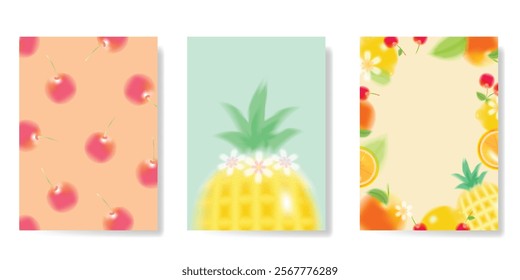 Abstract colorful gradient fruit and flower card background set. Minimalist poster with flower, cherry, pineapple, orange. Modern summer and spring wallpaper design for home decoration, banner, ads.