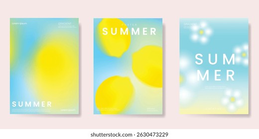 Abstrato colorido gradiente fruta e fundo cartão de flor definido. Cartaz minimalista com flor, limão. Design moderno do papel de parede do verão e da primavera para a decoração da casa, site, banner, anúncios.