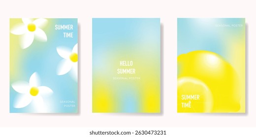 Abstract colorful gradient fruit and flower card background set. Minimalist poster with flower, lemon. Modern summer and spring wallpaper design for home decoration, website, banner, ads.
