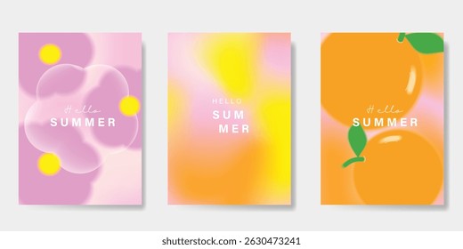 Abstract colorful gradient fruit and flower card background set. Minimalist poster with flower, orange. Modern summer and spring wallpaper design for home decoration, website, banner, ads.