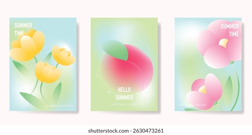 Abstract colorful gradient fruit and flower card background set. Minimalist poster with tulip flower, peach. Modern summer and spring wallpaper design for home decoration, website, banner, ads.