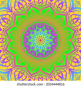 abstract colorful gradient mandala art background vector design. symmetrical round trippy bohemian wallpaper. meditation flower decoration