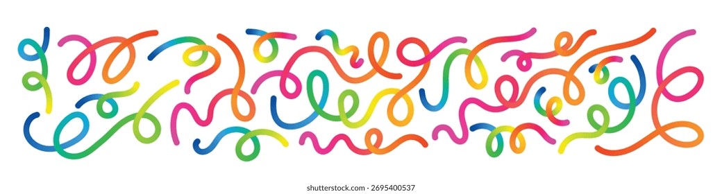 Abstrato colorido gradiente fita padrão de linhas. Redemoinho arco-íris 3D e curvas traçados com movimento fluido e formas divertidas. Rabiscos ondulados vibrantes em fundo branco para design decorativo moderno