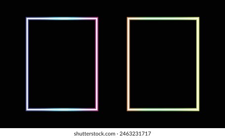 Abstractas forma de degradado colorido, conjunto de dos marcos cuadrados con estilo de neón aislado sobre fondo negro