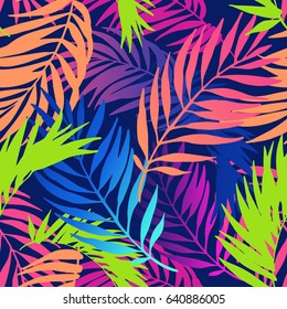 Abstract colorful gradient summer seamless pattern. Floral and geometric background with palm leaves, doodle, gradient texture. Hand drawn exotic illustration