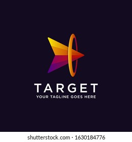 Abstract colorful gradient techie head of arrow on target logo icon , achievement  logo design vector template on dark background