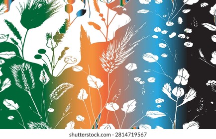 Abstract Colorful Gradient Wildfield Flowers and Leaves Seamless Pattern Background
