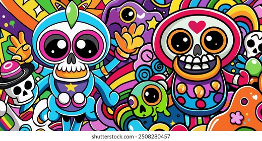 Abstract colorful graffiti background with skeleton characters. Colorful doodle illustration of skeleton