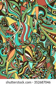 Abstract colorful graphic composition. Boho style. Herbal natural floral motifs. Stylization. Hand drawing. Vector illustration