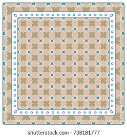 Abstract colorful graphic pattern. Geometric ornament with frame, border. Line art, lace, embroidary background. Bandanna, shawl, scarf, tablecloth design for textile fabric print