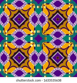 Abstract colorful greek vector seamless pattern. Geometric ornamental modern background. Repeat ornate backdrop. Greek key meanders ornament. Geometrical shapes, squares, rhombus. Bright design.