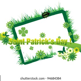 Abstract colorful green frame with flowers, ladybird, green grass and four leaf clovers. Saint Patrick's Day concept