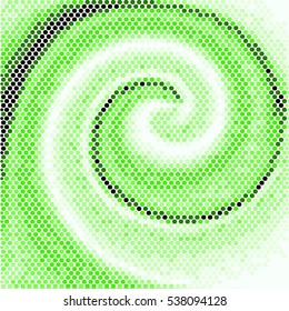 Abstract colorful green vibrant blurred curve decorative background with halftone, geometric element, spiral, stream, swirl, dots and vortex. Vector illustration