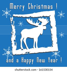 Abstract colorful greeting with a moose silhouette in a white frame and the text Merry Christmas and Happy New Year written with white letters