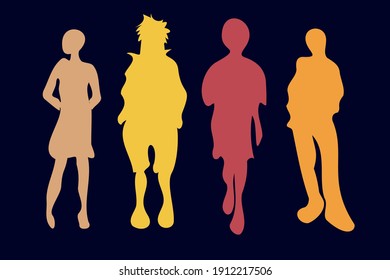 Abstract colorful group of distorted and awry characters on blue. Fashion and business concept. Weird shapes of human bodies.