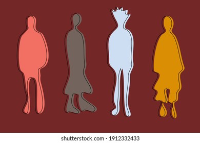 Abstract colorful group of distorted and awry characters. Fashion, success and business concept. Weird shapes of human bodies in muted pink, orange, green and blue on beige red. Black outline.