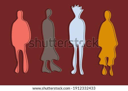 Abstract colorful group of distorted and awry characters. Fashion, success and business concept. Weird shapes of human bodies in muted pink, orange, green and blue on beige red. Black outline.