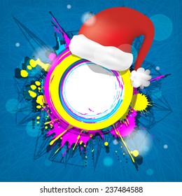 abstract colorful grunge circular frame with  Red Santa Claus Hat on a striped background