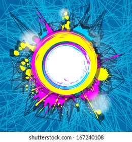 abstract colorful grunge frame on blue triangular striped background