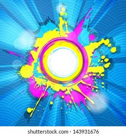 abstract colorful grunge frame with rays on blue striped background