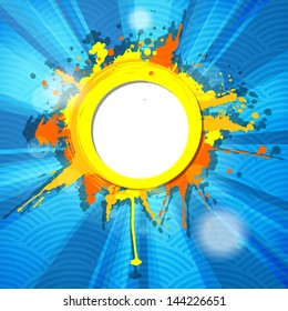 abstract colorful grunge frame with rays on blue striped background