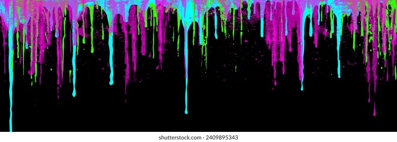 Abstract colorful grunge vector background with bright colors paint drips on black backdrop for cover design, invitation, poster, banner, flyer, cards. Futuristic texture illustration. 