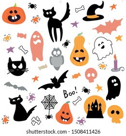 Abstract colorful Halloween,illustration background with Pumpkins, ghost and cat. autumn illustration for Halloween