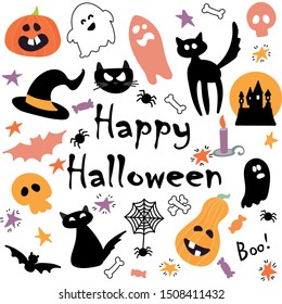 Abstract colorful Halloween,illustration background with Pumpkins, ghost and cat. autumn illustration for Halloween