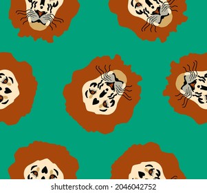 Abstract Colorful Hand Drawing Cute Lion Heads Seamless Vector Pattern Isolated Green Background