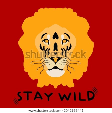 Abstract Colorful Hand Drawing Cute Lion Heads Placement Print Vector Pattern with Stay Wild Text Isolated Red Background