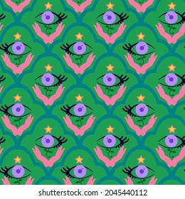 Abstract Colorful Hand Drawing Moroccan Argyle Shapes with Horus Eyes Praying Hands and Stars Seamless Vector Pattern Isolated Green Background